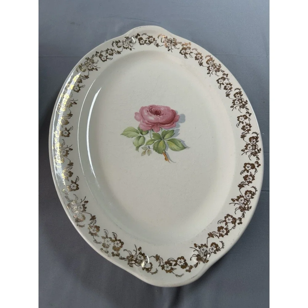 Vintage Taylor Smith Taylor Oval Serving Bowl & Tray Rose Floral‎ Gold Trim